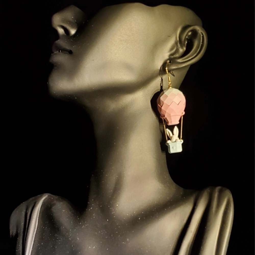 Elegant Pink and Gold Cartoon Fox Hot Baloon Drop Earrings